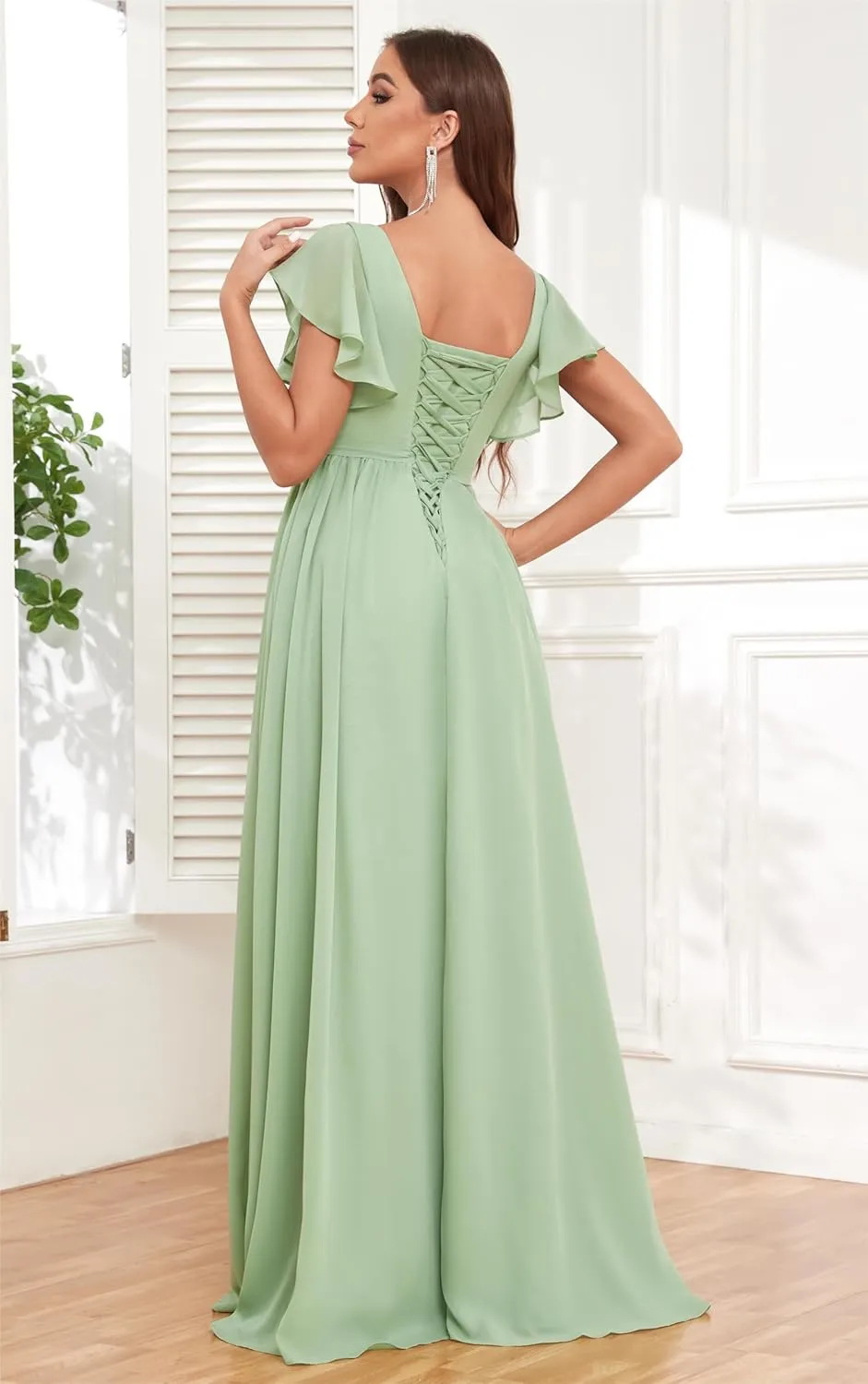 Flutter Sleeve Bridesmaid Dresses for Wedding Chiffon V Neck Pleated Long Formal Prom Dress with Slit Pockets