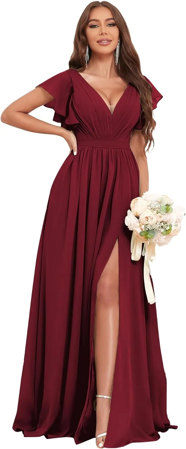 Flutter Sleeve Bridesmaid Dresses for Wedding Chiffon V Neck Pleated Long Formal Prom Dress with Slit Pockets
