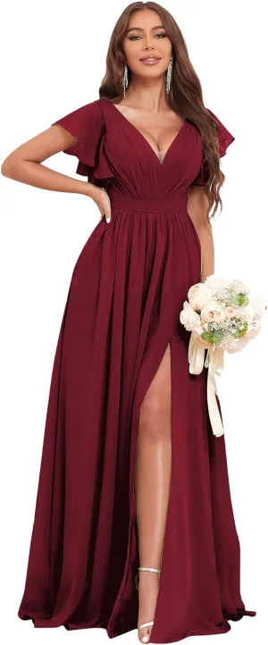 Flutter Sleeve Bridesmaid Dresses for Wedding Chiffon V Neck Pleated Long Formal Prom Dress with Slit Pockets