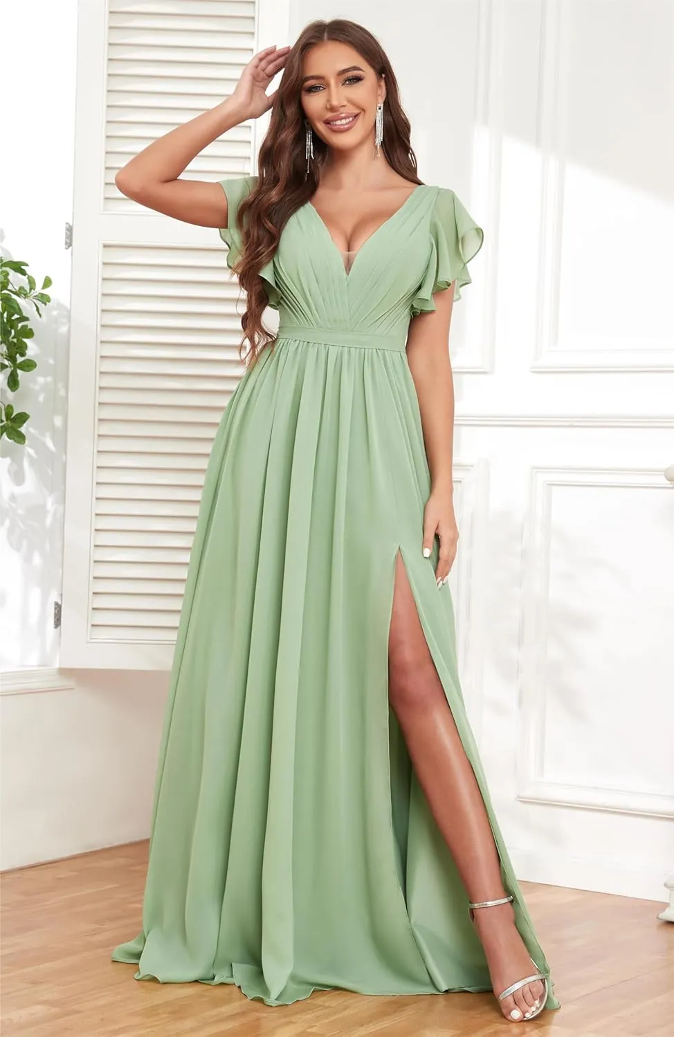 Flutter Sleeve Bridesmaid Dresses for Wedding Chiffon V Neck Pleated Long Formal Prom Dress with Slit Pockets