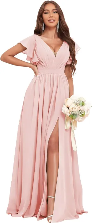 Flutter Sleeve Bridesmaid Dresses for Wedding Chiffon V Neck Pleated Long Formal Prom Dress with Slit Pockets