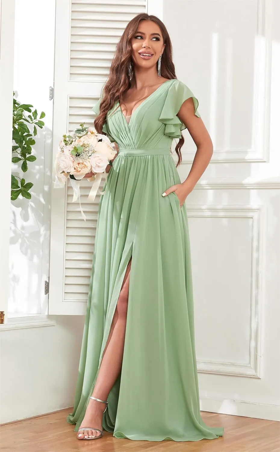 Flutter Sleeve Bridesmaid Dresses for Wedding Chiffon V Neck Pleated Long Formal Prom Dress with Slit Pockets