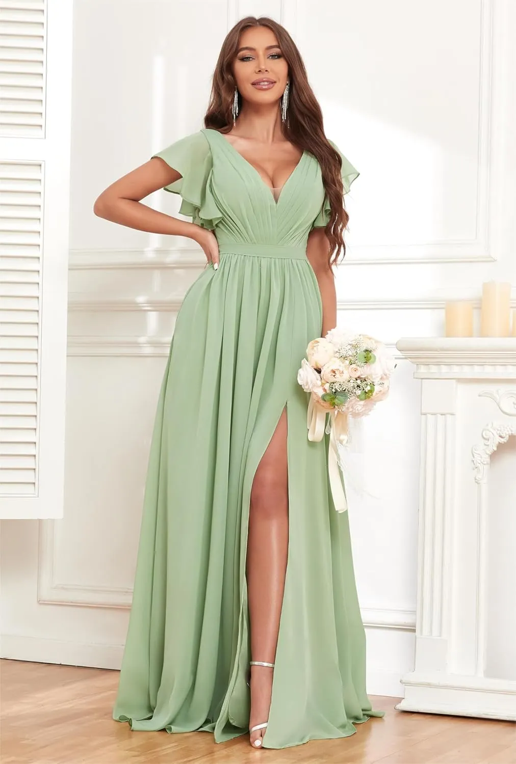 Flutter Sleeve Bridesmaid Dresses for Wedding Chiffon V Neck Pleated Long Formal Prom Dress with Slit Pockets