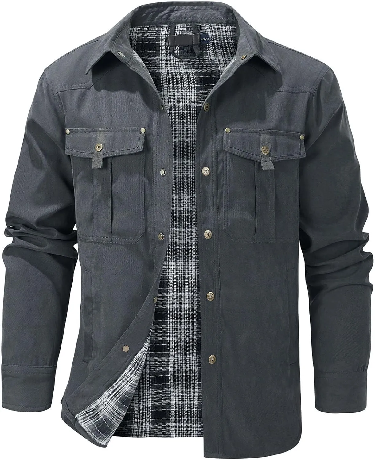 Flygo Mens Flannel Lined Shirt Jacket Vintage Snap Button Western Jacket Rugged Outdoor Cowboy Shirts Jackets