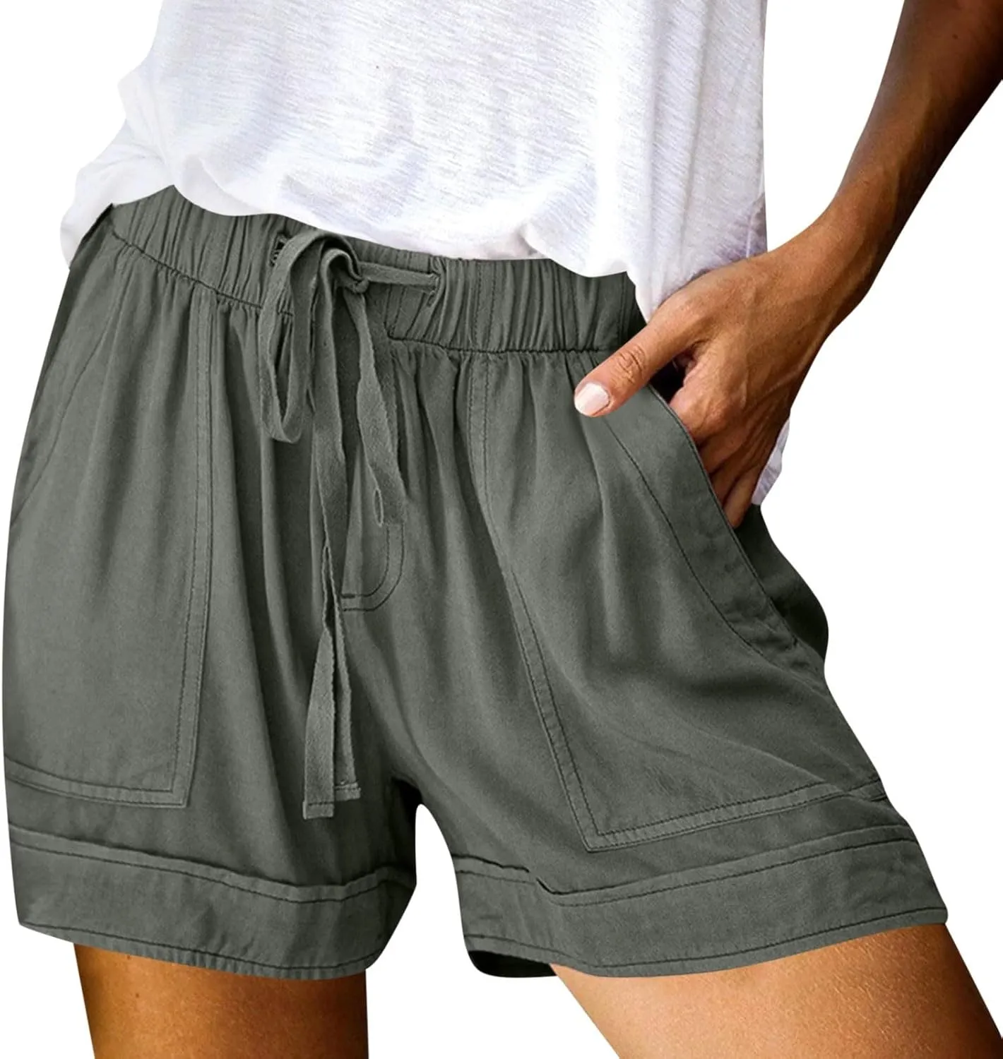 FONMA Linen Shorts for Women Summer Casual Drawstring Elastic Waist Bermuda Shorts with Pockets Plus Size Cotton Linen Pants