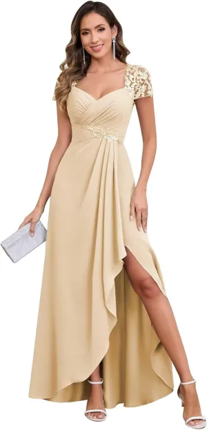 Formal Mother of The Bride Dresses for Wedding with Cap Sleeves Ruffle Chiffon Lace Applique Evening Gowns