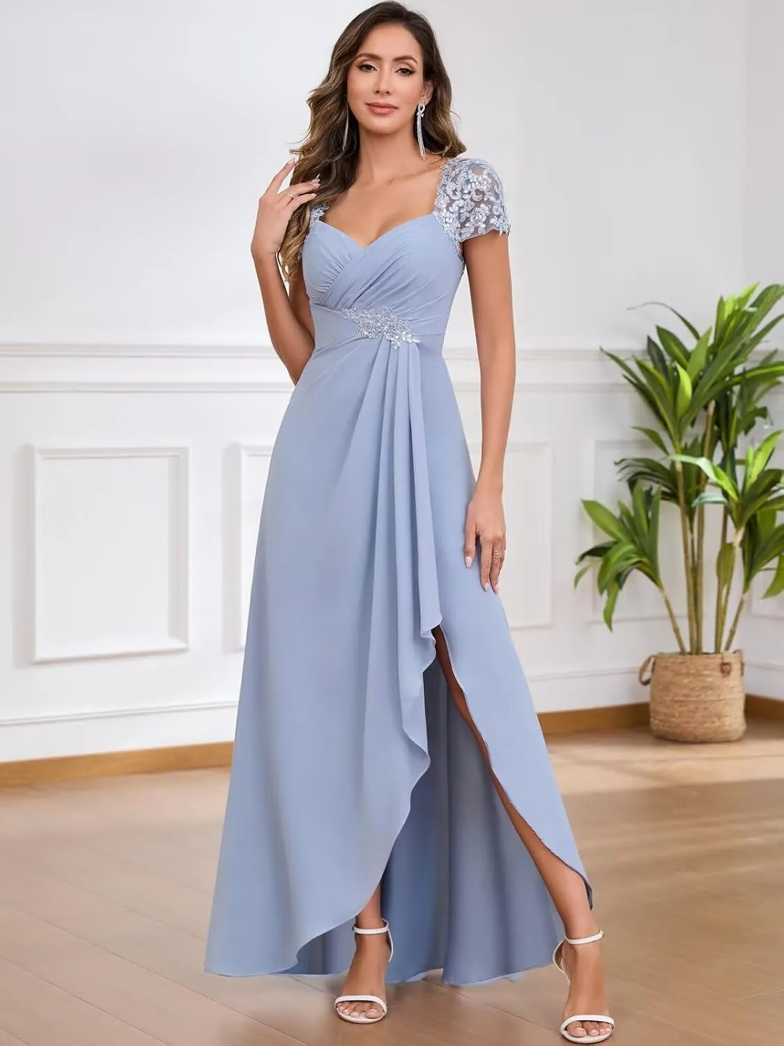 Formal Mother of The Bride Dresses for Wedding with Cap Sleeves Ruffle Chiffon Lace Applique Evening Gowns