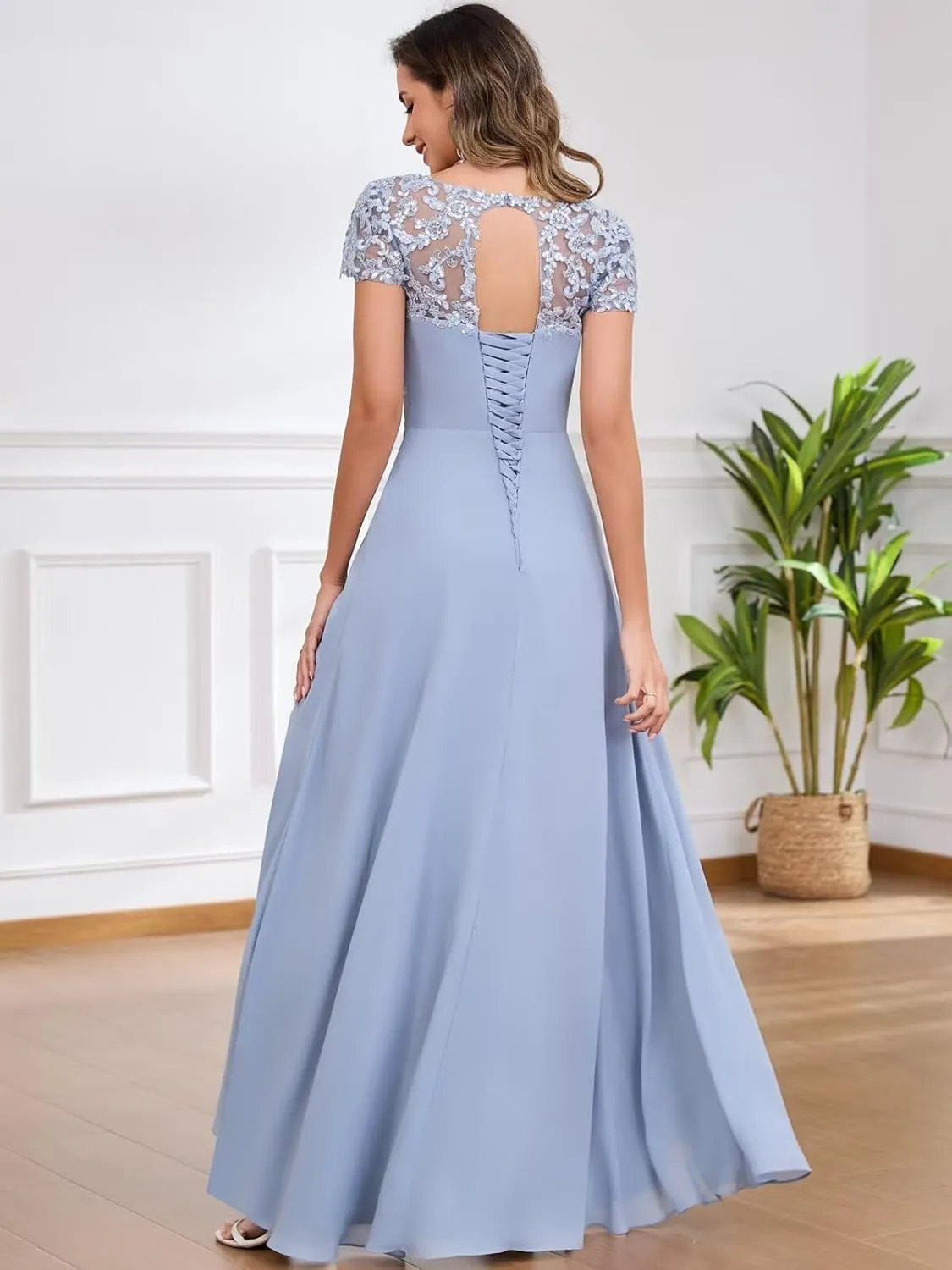 Formal Mother of The Bride Dresses for Wedding with Cap Sleeves Ruffle Chiffon Lace Applique Evening Gowns