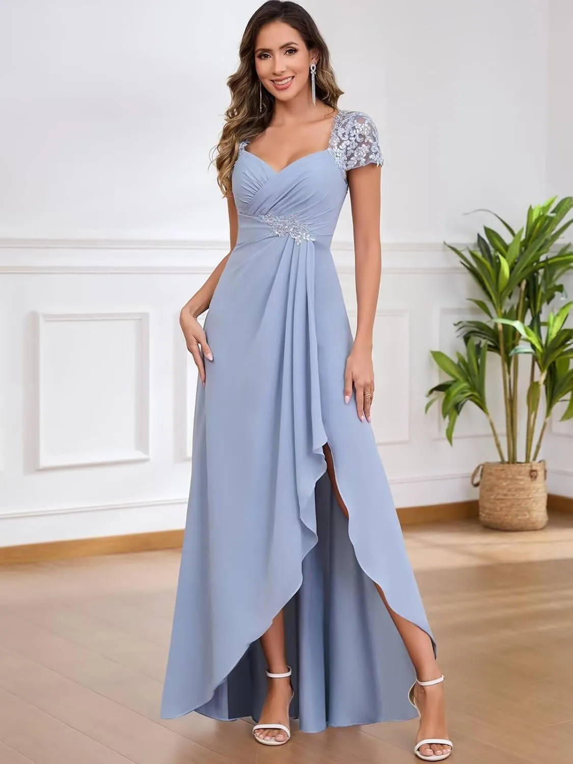 Formal Mother of The Bride Dresses for Wedding with Cap Sleeves Ruffle Chiffon Lace Applique Evening Gowns