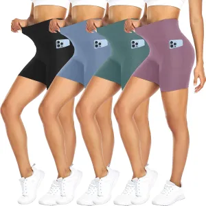 FULLSOFT 4 Pack Biker Shorts for Women with Pockets  5" High Waisted Tummy Control Workout Yoga Running Gym Tennis Shorts
