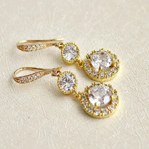 Gold Halo Clear Long Cubic Zirconia Drop Post Earrings. Round Solitaire Halo Cubic Zirconia Earrings. Bridal Drop Dangle Wedding Earrings.
