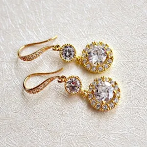 Gold Halo Clear Long Cubic Zirconia Drop Post Earrings. Round Solitaire Halo Cubic Zirconia Earrings. Bridal Drop Dangle Wedding Earrings.