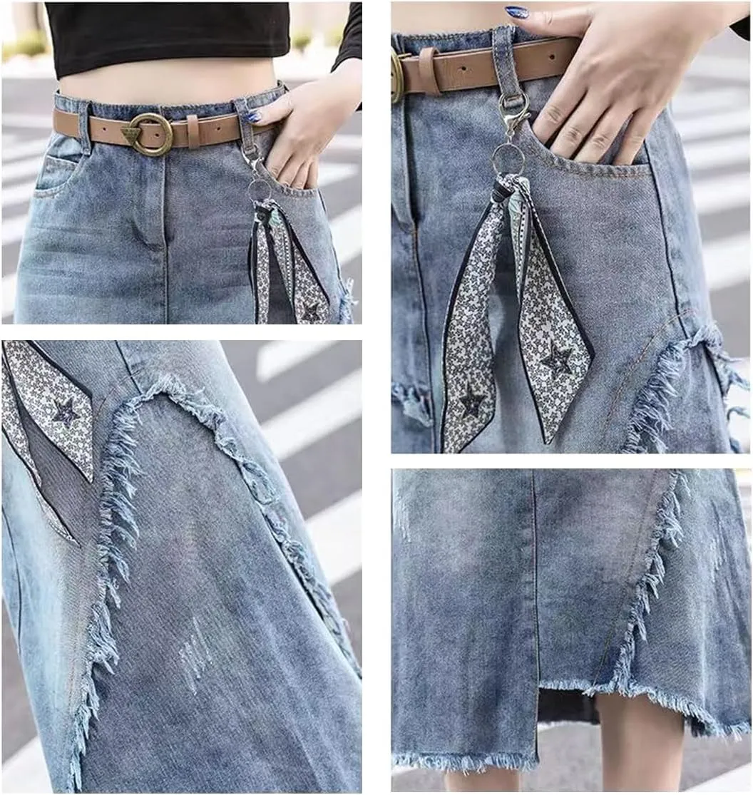 Gothic Denim Skirt Women's Oversized Retro high Waisted Irregular raw Edge Denim Skirt Harajuku Denim Skirt