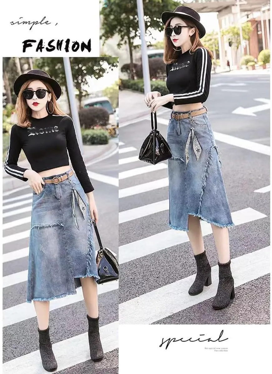 Gothic Denim Skirt Women's Oversized Retro high Waisted Irregular raw Edge Denim Skirt Harajuku Denim Skirt