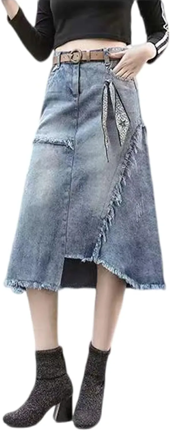 Gothic Denim Skirt Women's Oversized Retro high Waisted Irregular raw Edge Denim Skirt Harajuku Denim Skirt