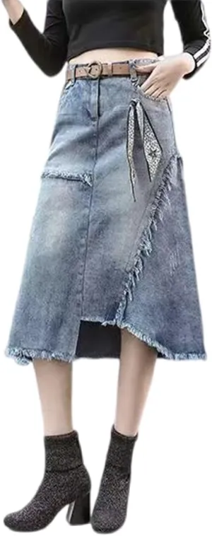 Gothic Denim Skirt Women's Oversized Retro high Waisted Irregular raw Edge Denim Skirt Harajuku Denim Skirt