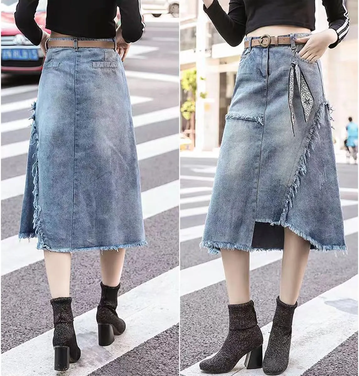 Gothic Denim Skirt Women's Oversized Retro high Waisted Irregular raw Edge Denim Skirt Harajuku Denim Skirt