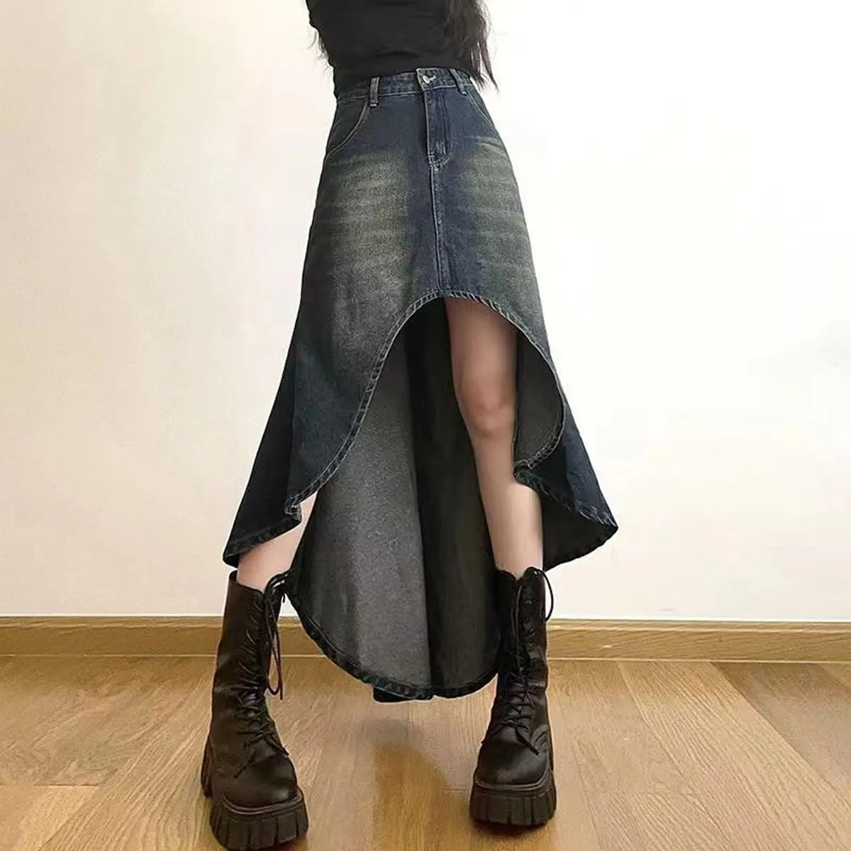 Gothic Denim Skirt, Women's Retro A-line high Waisted Irregular Denim Long Skirt, Women's Denim Half Skirt