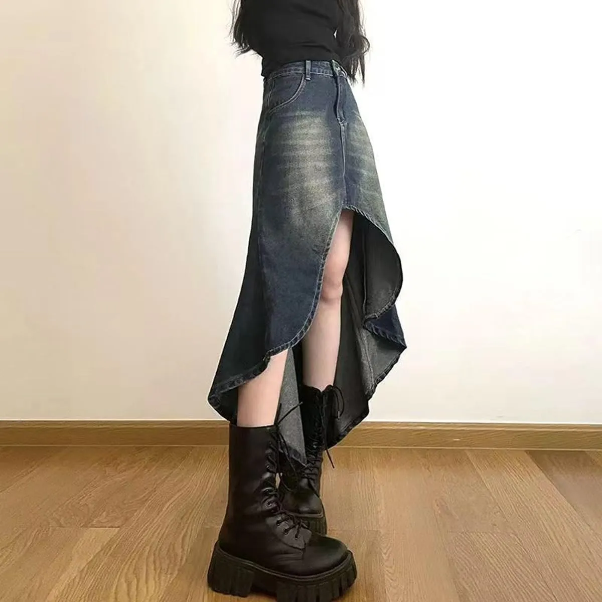Gothic Denim Skirt, Women's Retro A-line high Waisted Irregular Denim Long Skirt, Women's Denim Half Skirt