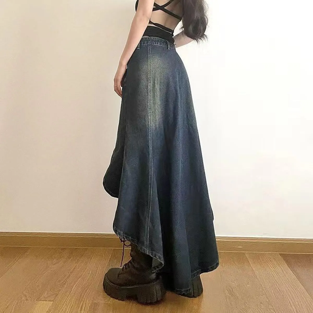Gothic Denim Skirt, Women's Retro A-line high Waisted Irregular Denim Long Skirt, Women's Denim Half Skirt