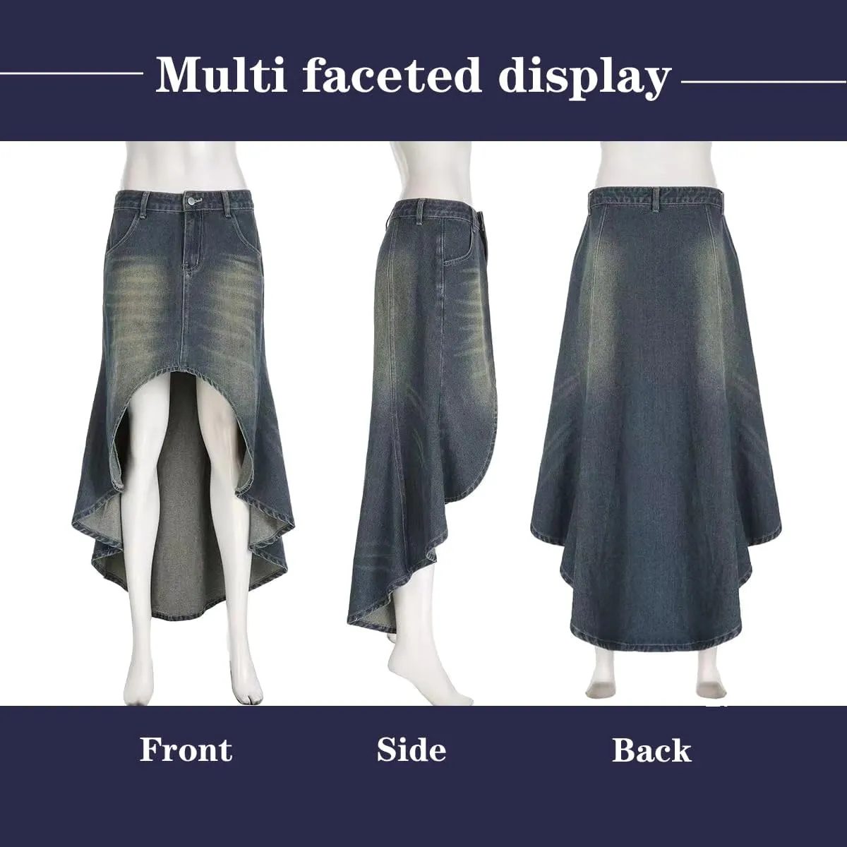 Gothic Denim Skirt, Women's Retro A-line high Waisted Irregular Denim Long Skirt, Women's Denim Half Skirt