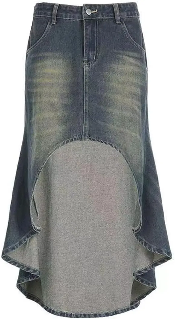 Gothic Denim Skirt, Women's Retro A-line high Waisted Irregular Denim Long Skirt, Women's Denim Half Skirt