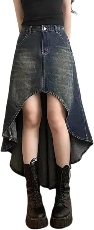 Gothic Denim Skirt, Women's Retro A-line high Waisted Irregular Denim Long Skirt, Women's Denim Half Skirt