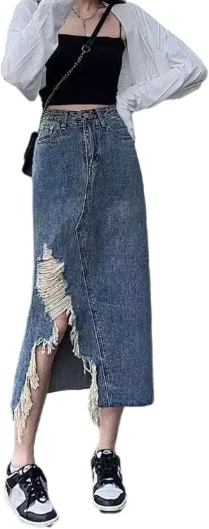 Gothic Denim Skirt, Women's Retro high Waisted Slit with raw Edges, Denim Long Skirt, Women's Denim Half Skirt