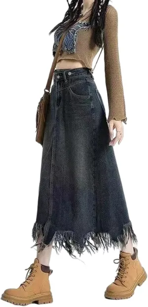 Gothic Denim Skirt, Women's Retro high Waisted Tassel with raw Edges, Denim Long Skirt, Women's Denim Half Skirt