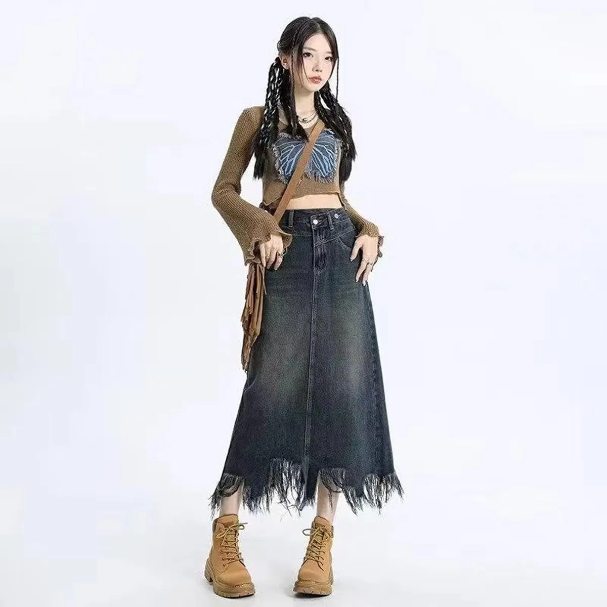 Gothic Denim Skirt, Women's Retro high Waisted Tassel with raw Edges, Denim Long Skirt, Women's Denim Half Skirt