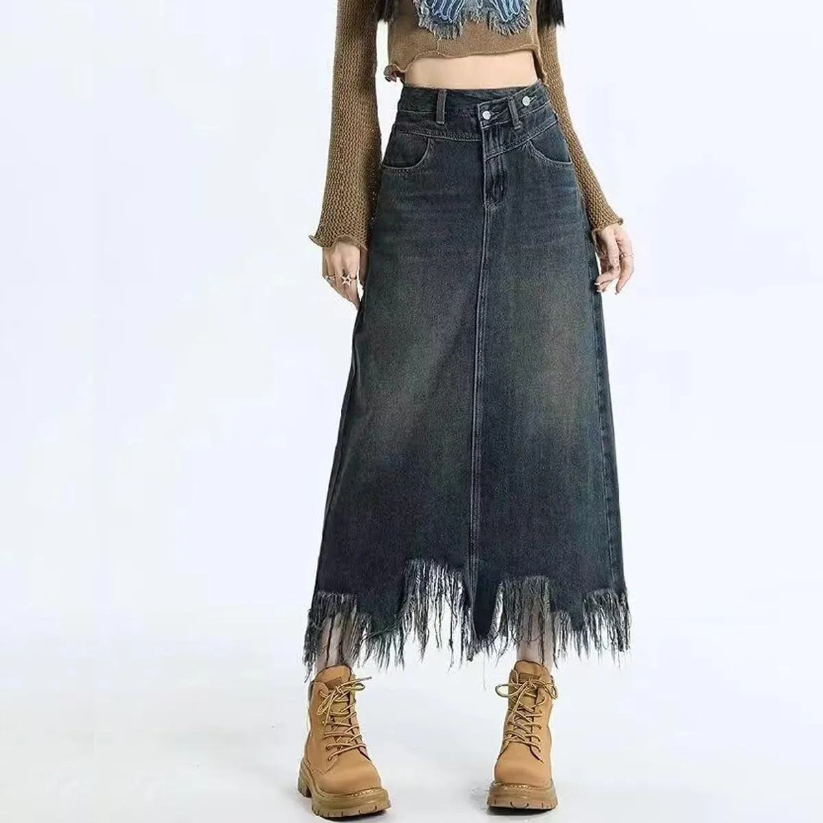Gothic Denim Skirt, Women's Retro high Waisted Tassel with raw Edges, Denim Long Skirt, Women's Denim Half Skirt