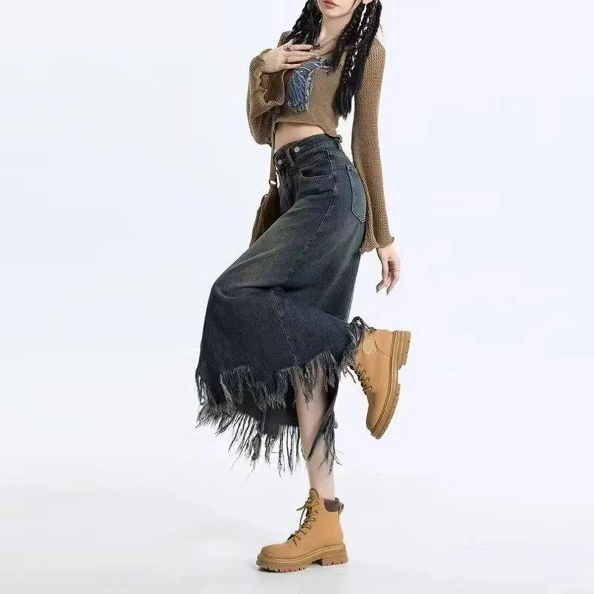 Gothic Denim Skirt, Women's Retro high Waisted Tassel with raw Edges, Denim Long Skirt, Women's Denim Half Skirt