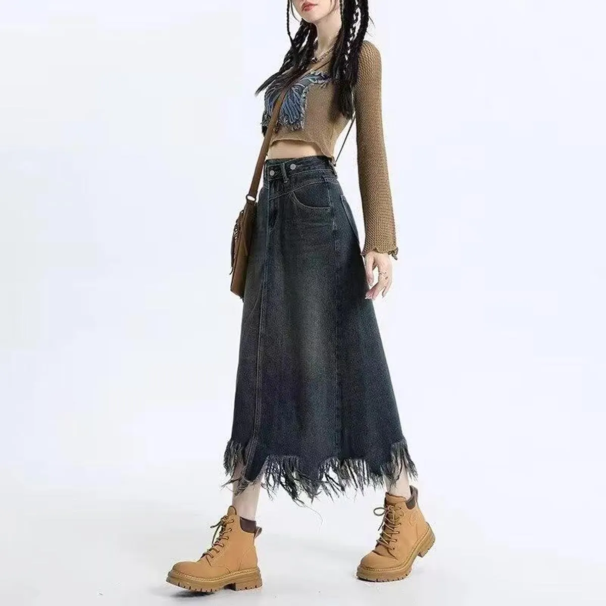 Gothic Denim Skirt, Women's Retro high Waisted Tassel with raw Edges, Denim Long Skirt, Women's Denim Half Skirt