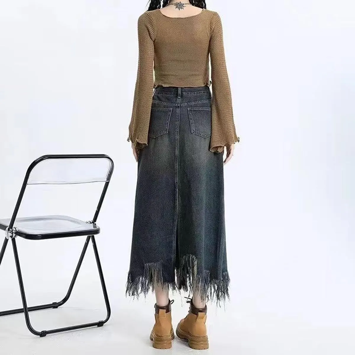 Gothic Denim Skirt, Women's Retro high Waisted Tassel with raw Edges, Denim Long Skirt, Women's Denim Half Skirt