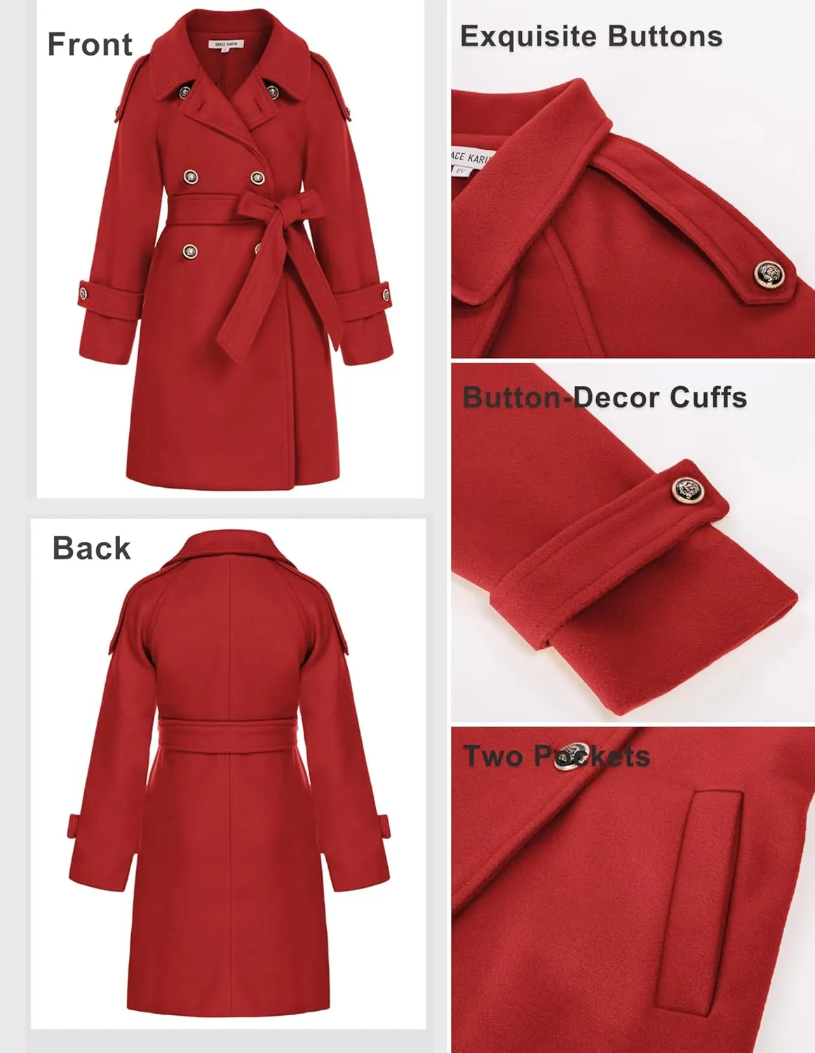 GRACE KARIN Girls Dress Coat Lapel Blend Winter Kids Jackets Coat Size 5-12
