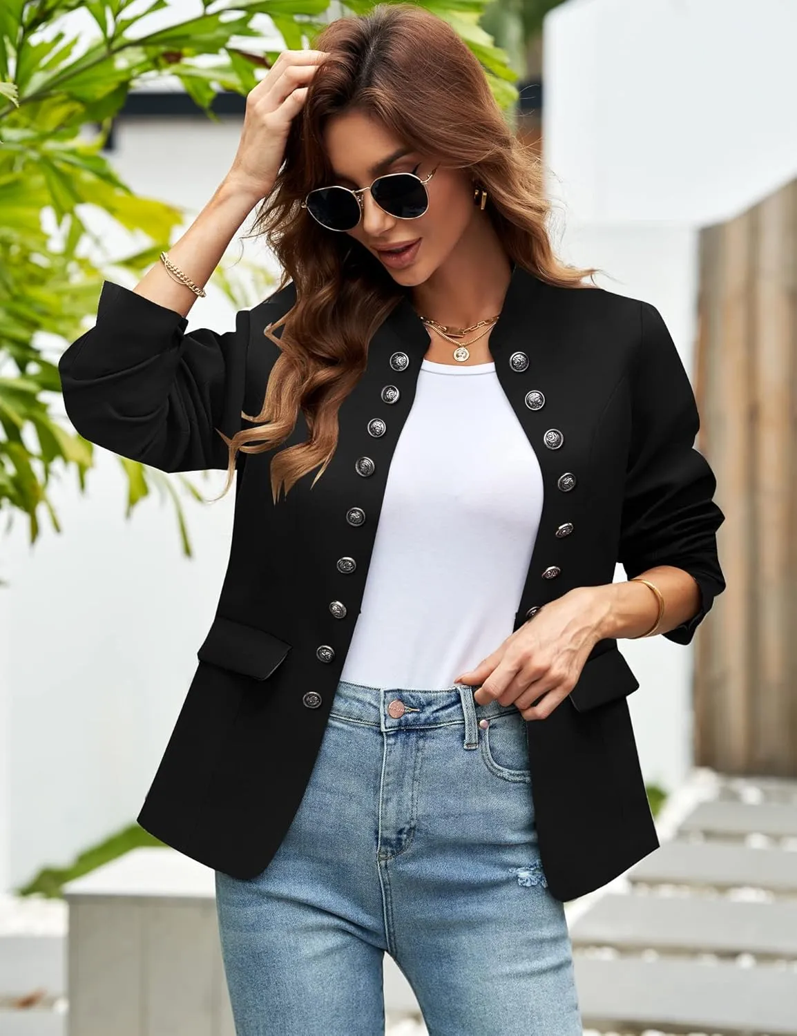 GRAPENT Women's Business Casual Buttons Pockets Open Front Blazer Suit Cardigan