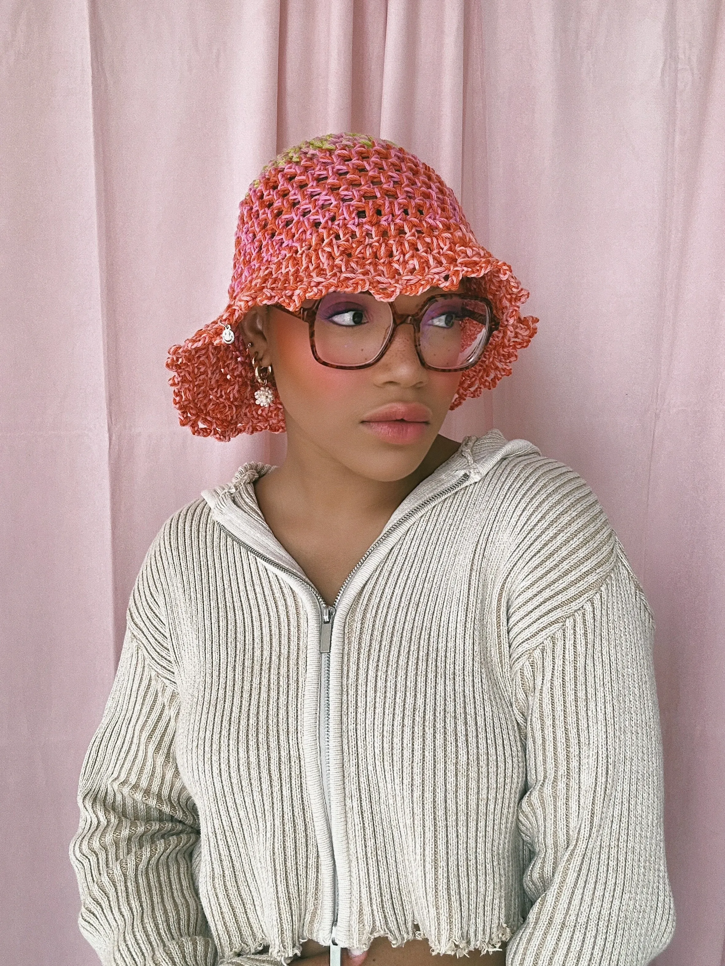 Green, Pink and Orange Crochet Hat