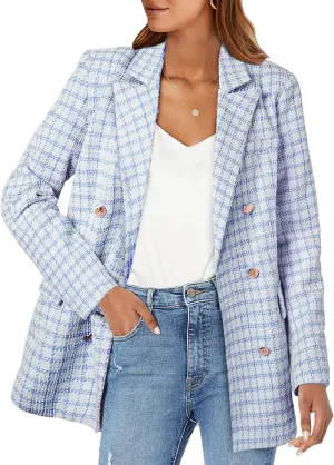 Happy Sailed Classic Plaid Blazers for Women Business Casual Spring Fashion Long Sleeve Double Breasted Open Front Tweed Blazer Jackets Work Suits Professional Outfits for Work Light Blue L