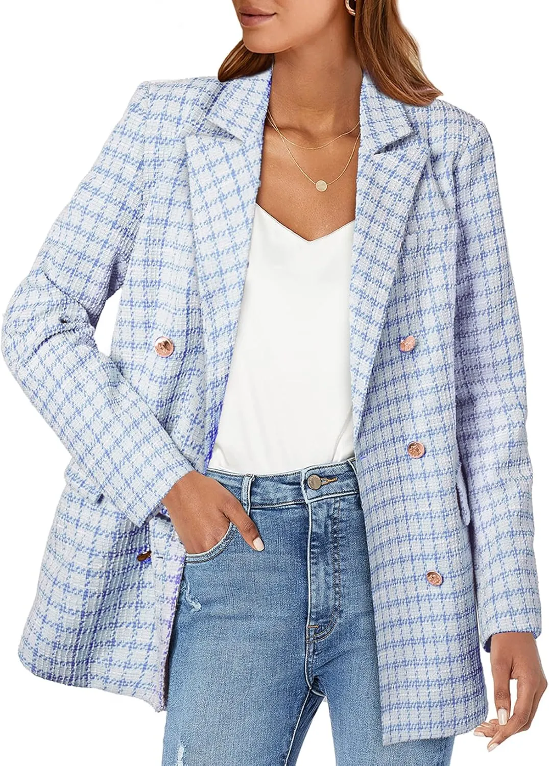 Happy Sailed Classic Plaid Blazers for Women Business Casual Spring Fashion Long Sleeve Double Breasted Open Front Tweed Blazer Jackets Work Suits Professional Outfits for Work Light Blue L