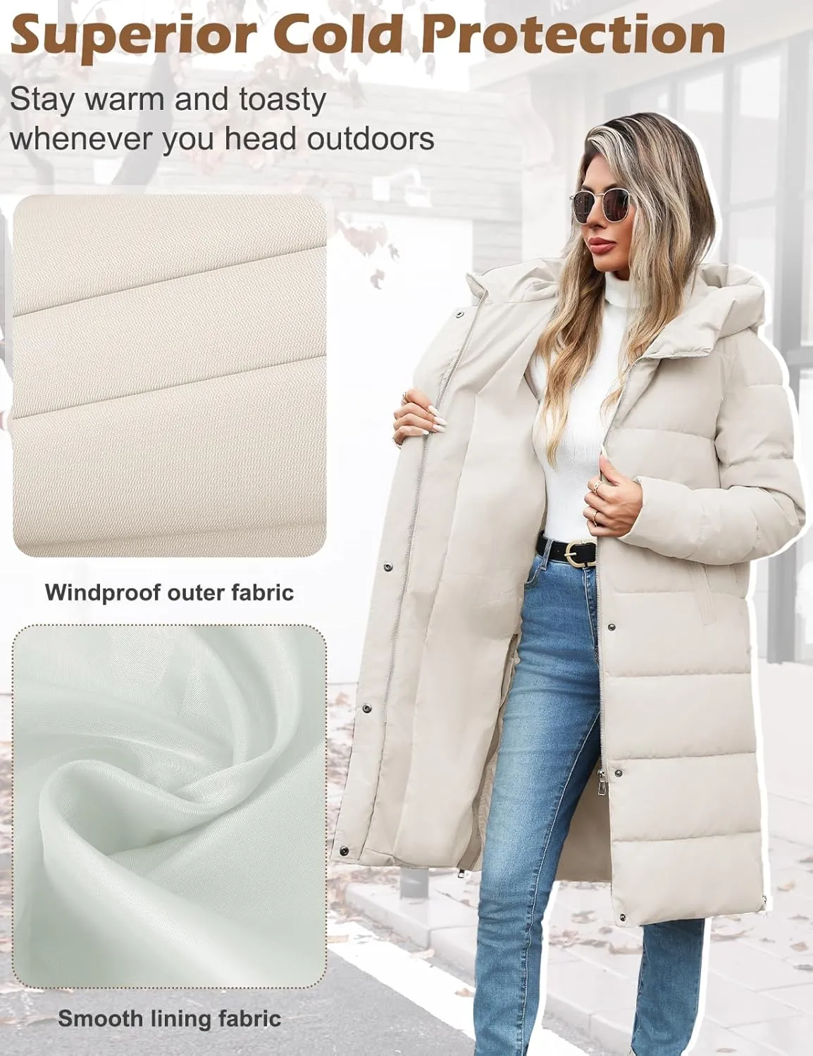 HEEKPEK Womens Winter Long Puffer Coats Down Thicken Warm Quilted Jacket Mid-Length with Side Zipper and Hood Outerwear