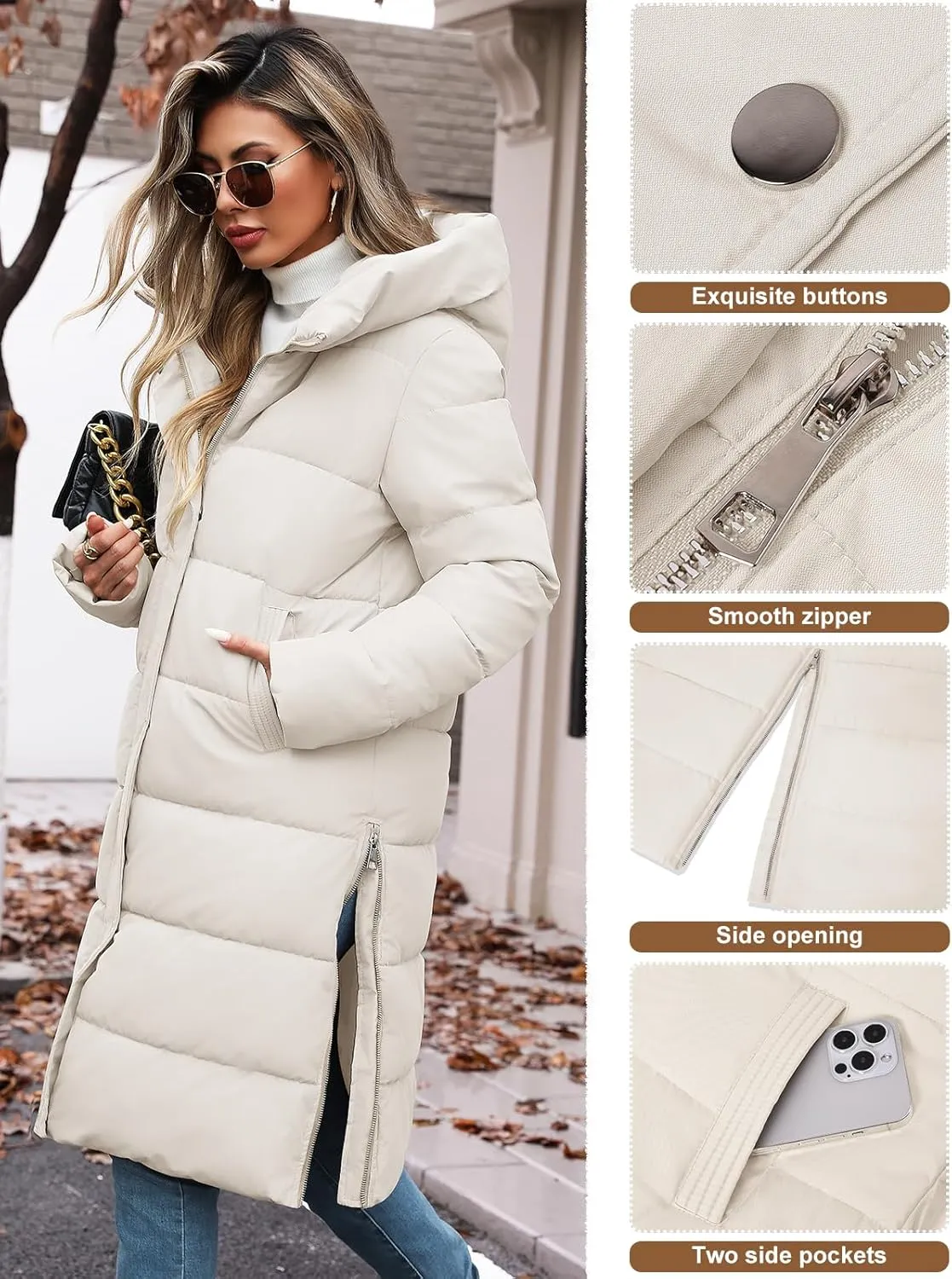 HEEKPEK Womens Winter Long Puffer Coats Down Thicken Warm Quilted Jacket Mid-Length with Side Zipper and Hood Outerwear