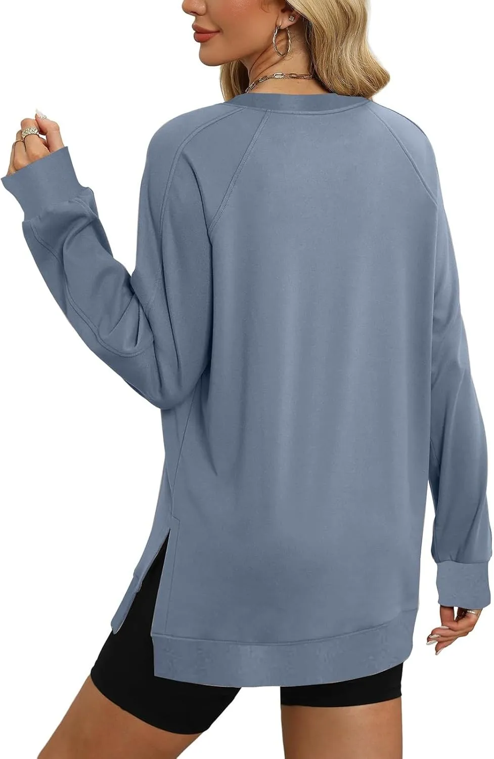 Heevina Side Slit Sweatshirt Oversized Sweatshirt For Women Solid Color Crewneck Long Sleeve Loose Tops Comfy