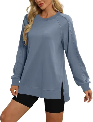 Heevina Side Slit Sweatshirt Oversized Sweatshirt For Women Solid Color Crewneck Long Sleeve Loose Tops Comfy