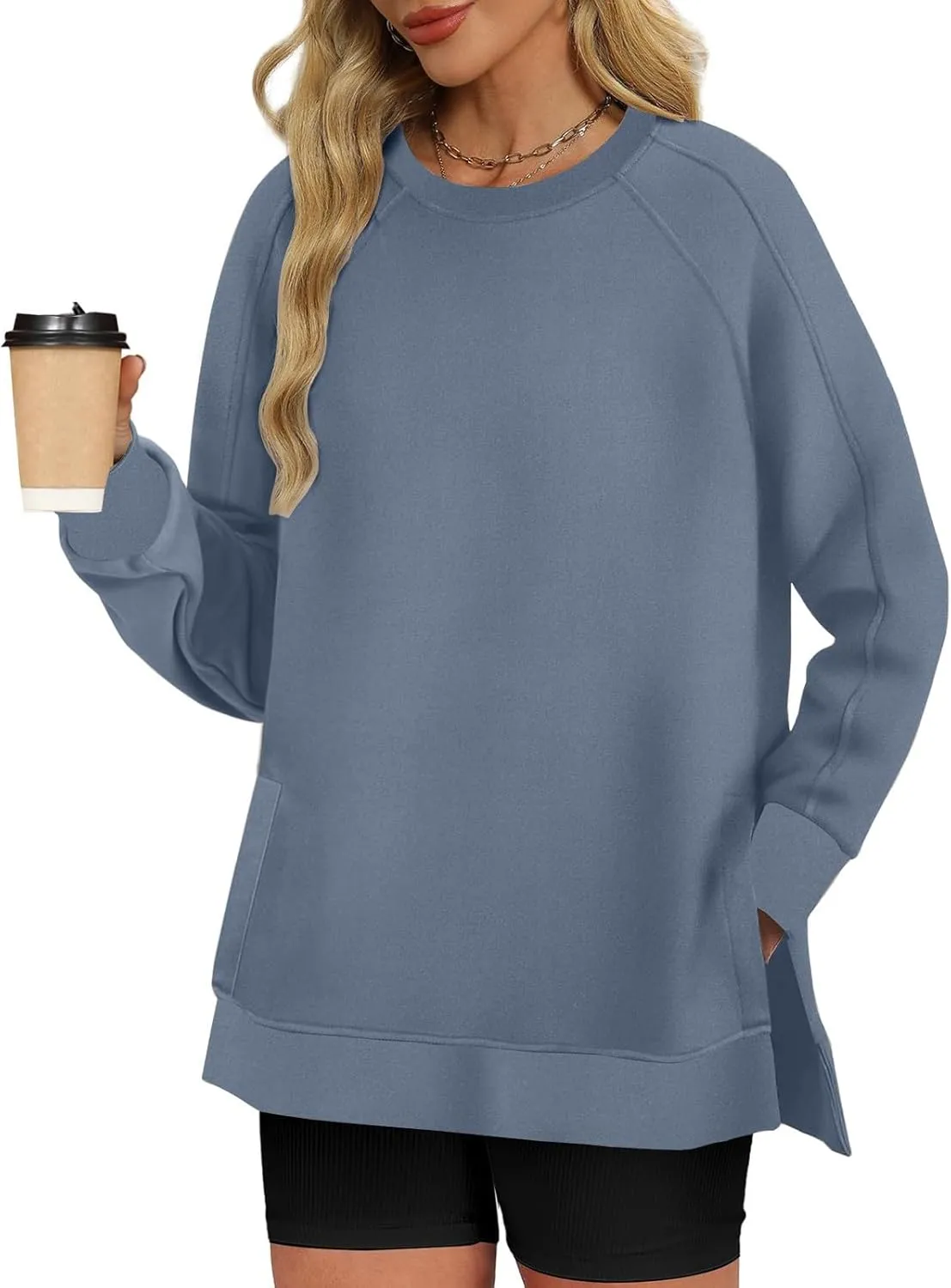 Heevina Side Slit Sweatshirt Oversized Sweatshirt For Women Solid Color Crewneck Long Sleeve Loose Tops Comfy