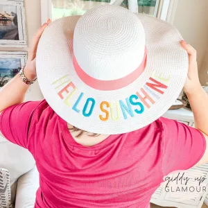 Hello Sunshine Embroidered Straw Hat with Pink Band in White