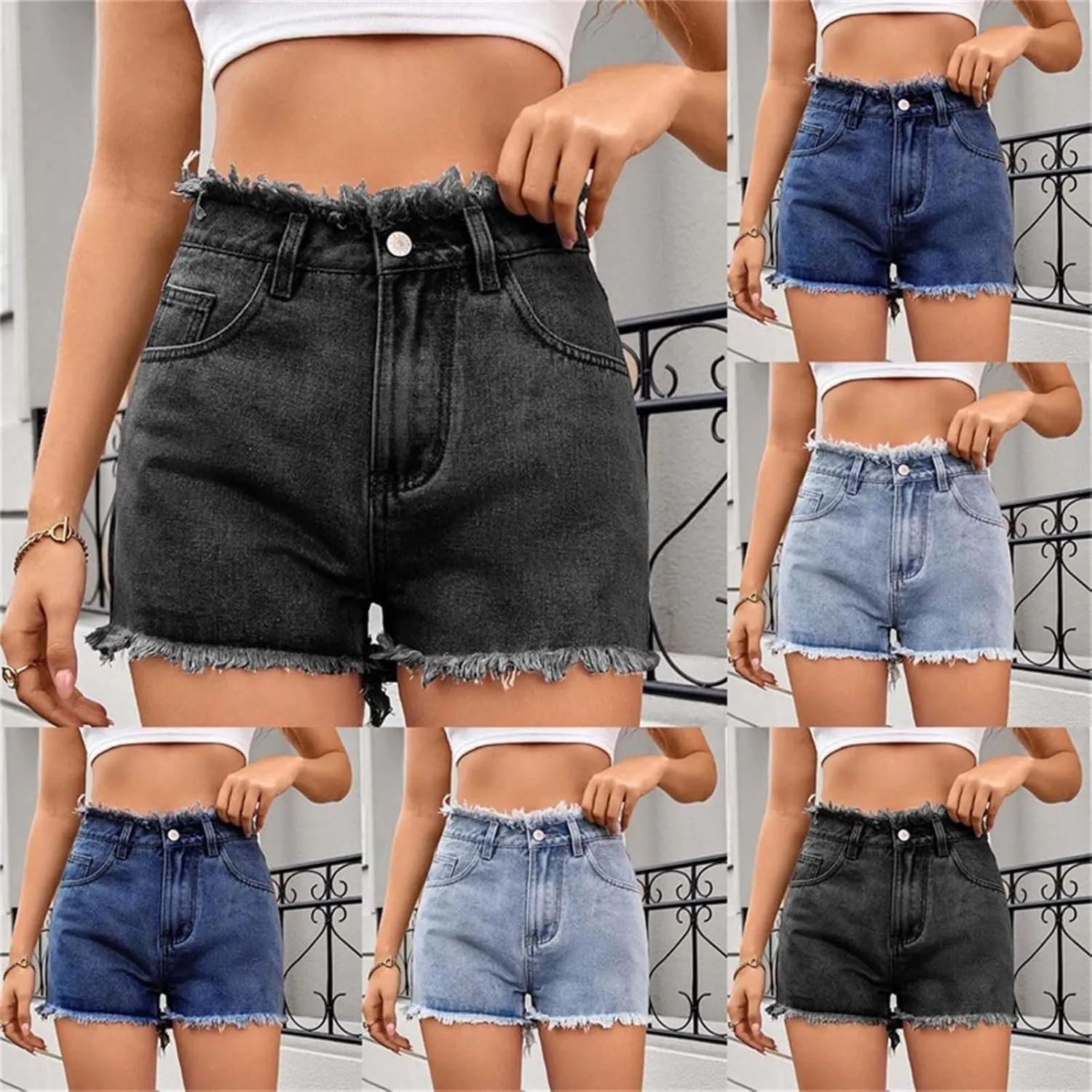 HGps8w Women's Raw Hem Rippe High Waisted Jean Shorts Trendy Casual 2025 Summer Stretchy Distressed Denim Shorts with Pockets