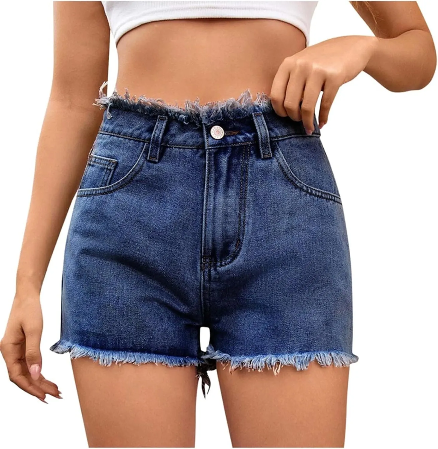 HGps8w Women's Raw Hem Rippe High Waisted Jean Shorts Trendy Casual 2025 Summer Stretchy Distressed Denim Shorts with Pockets