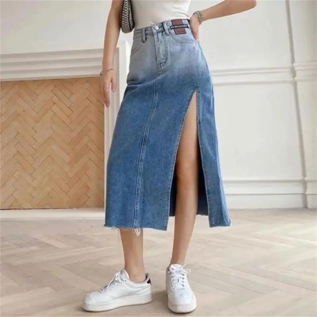 High-Waisted Mid-Length Denim Skirt for Women Edge Gradient Blue Denim Skirt