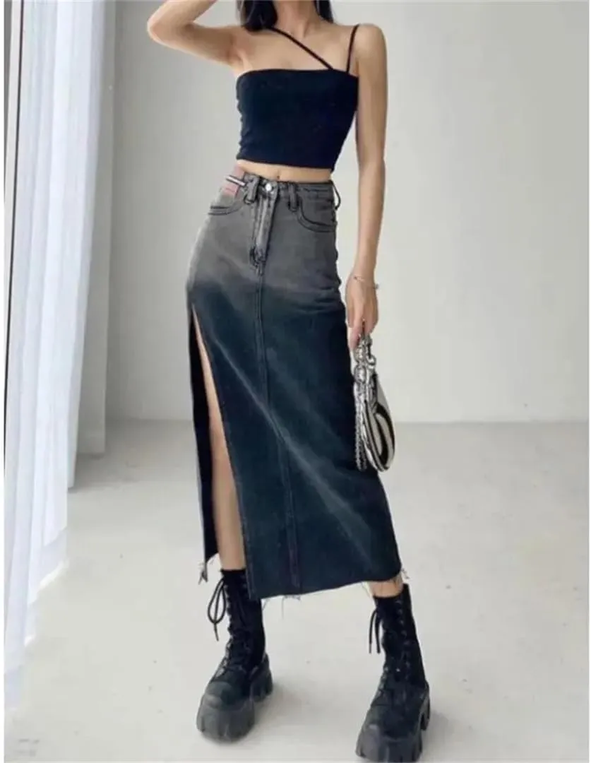 High-Waisted Mid-Length Denim Skirt for Women Edge Gradient Blue Denim Skirt
