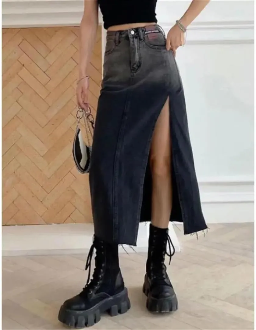High-Waisted Mid-Length Denim Skirt for Women Edge Gradient Blue Denim Skirt